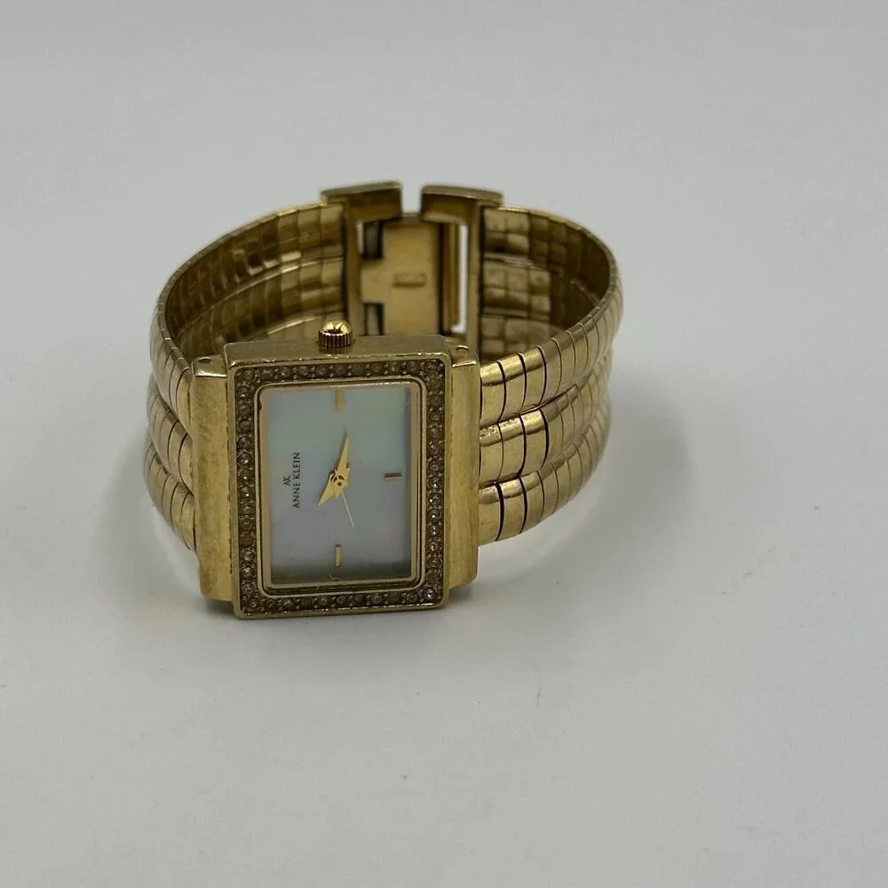 Anne Klein Watch Gold Tone Crystal Bezel Omega Chain Band New Battery 6.25